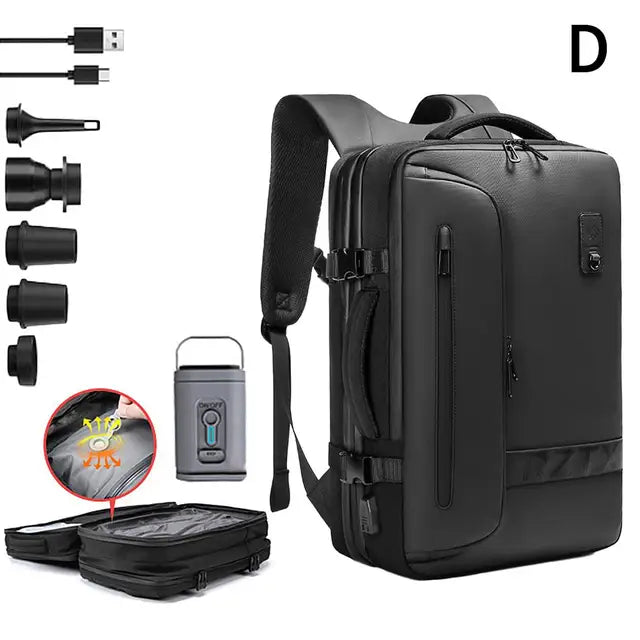 AirBackbag zwart combo – slimme anti-diefstal rugzak met vacuüm compressiesysteem voor 50% meer opbergruimte. Lichtgewicht, waterbestendig en met ingebouwde USB-oplader – perfect voor reizen en dagelijks gebruik.