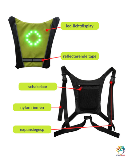 Fietser in actie met een verlicht veiligheidsvest voor betere zichtbaarheid in het verkeer.