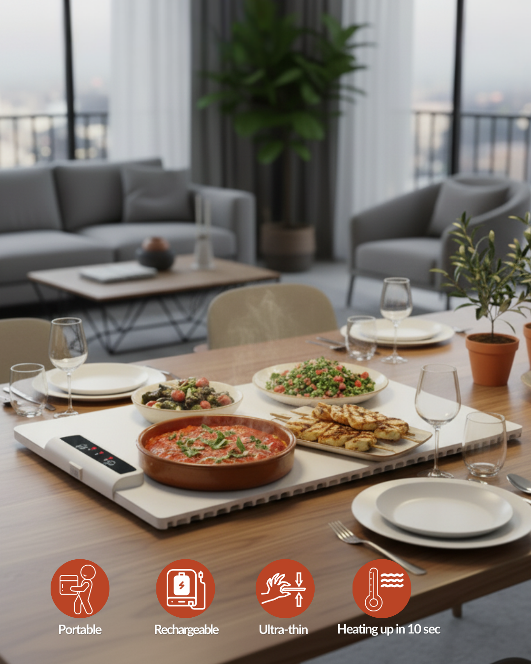 Moderne rechaud houdt gerechten warm op een feestelijke tafel